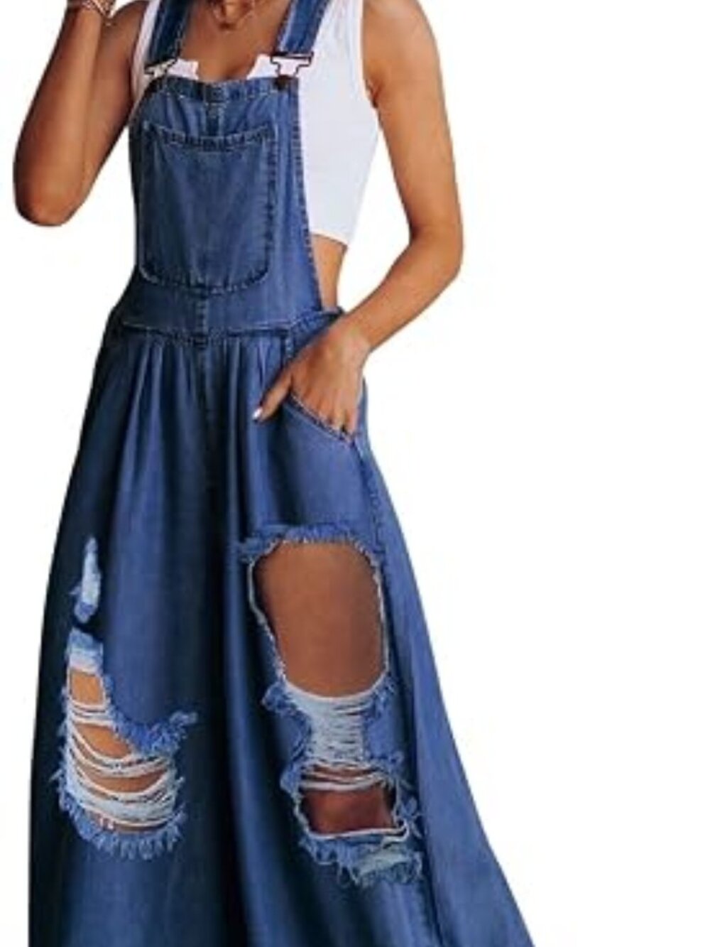 Women's Blue Casual Ripped Adjustable Denim Overalls Baggy Wide Leg Jumpsuit